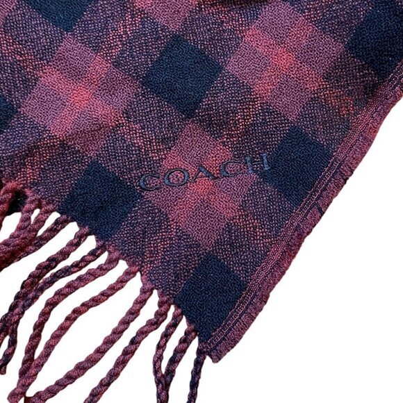 Coach Plaid Reversible Signature Scarf With Fringe Detail Black & Red - Picture 3 of 5
